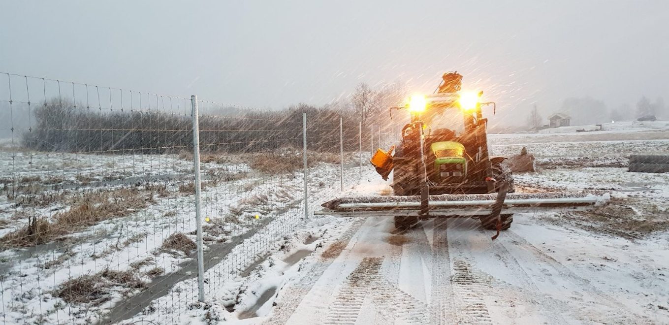 Traktors ar stiepļu rulli sniegā, žogu izbūve
